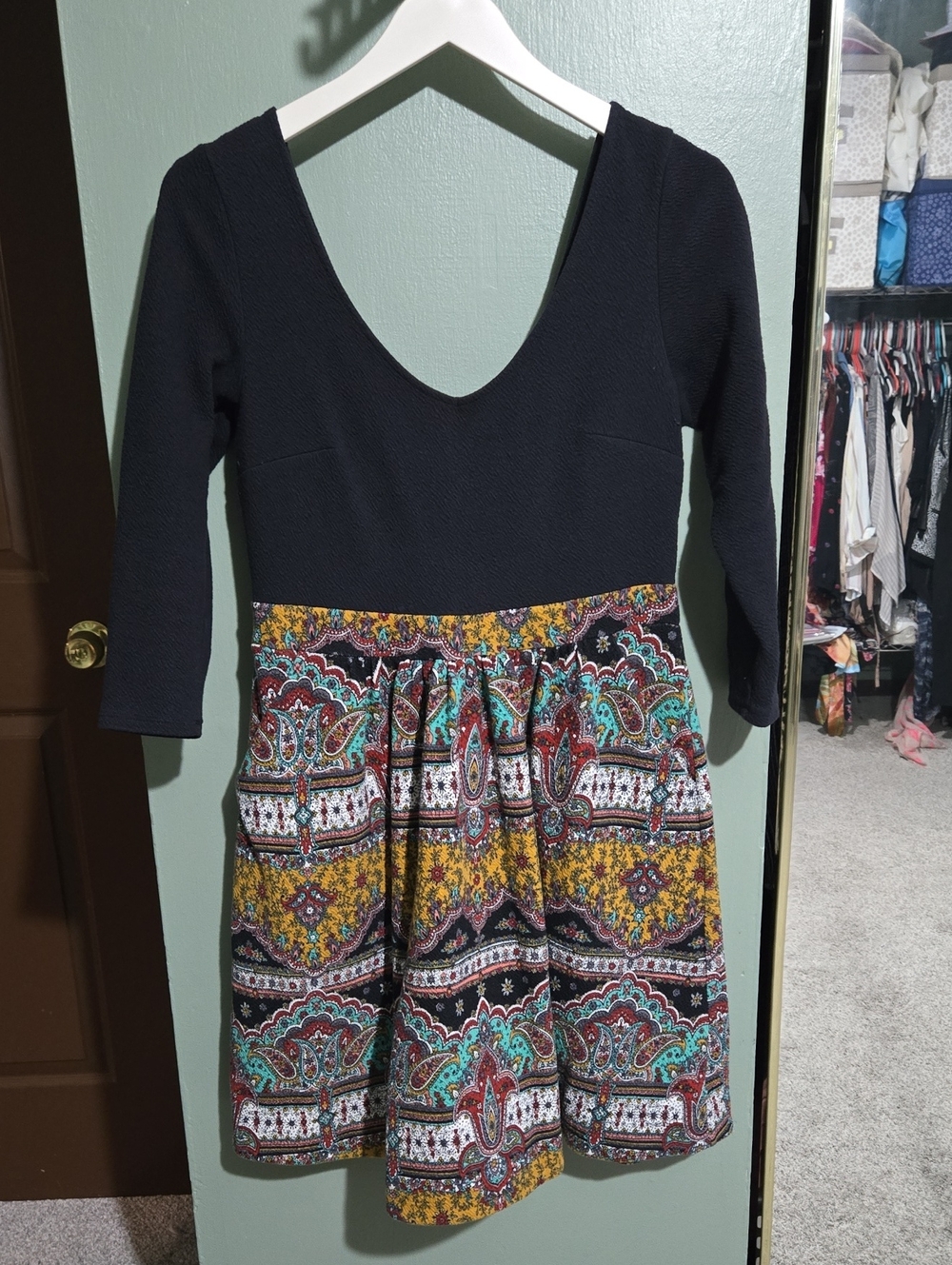 Maeve Black Bodice Paisley Skirt Long-Sleeve Dress
